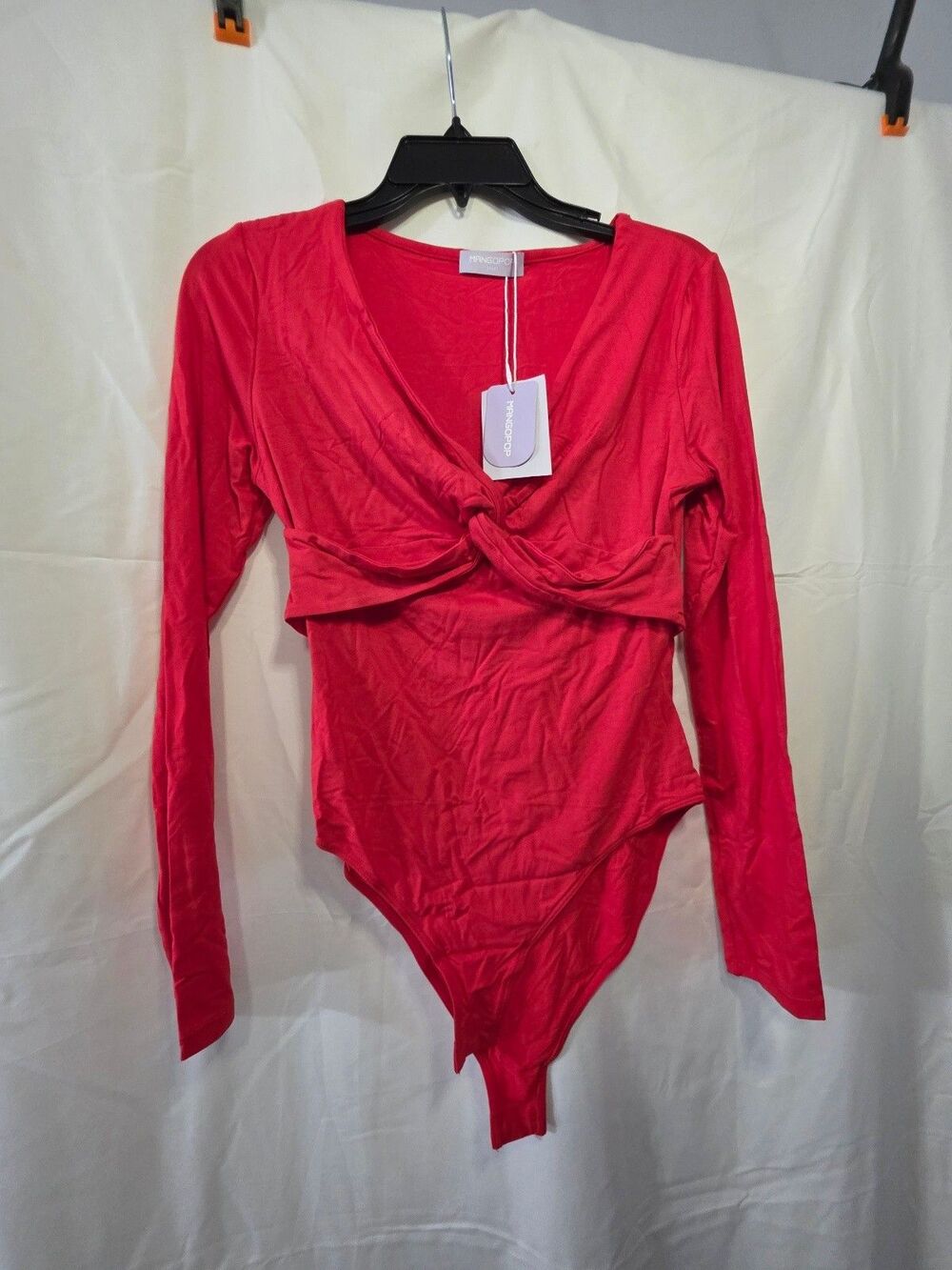MANGOPOP Women's Red Twist Front Cropped Long Sleeve Bodysuit Size S